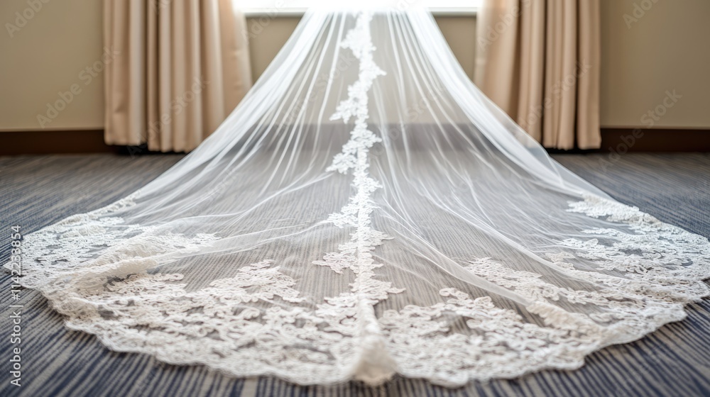 Elegant white lace wedding veil elegantly draped on carpet with soft natural light enhancing its delicate details and romantic allure. Elegant white lace wedding veil elegantly draped on carpet with soft natural light enhancing its delicate details and romantic allure.
