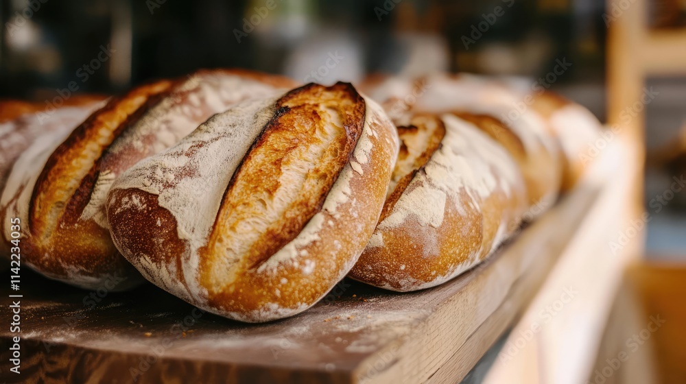 Artisan crusty baguette loaves freshly baked on a wooden board in a rustic bakery setting Artisan crusty baguette loaves freshly baked on a wooden board in a rustic bakery setting