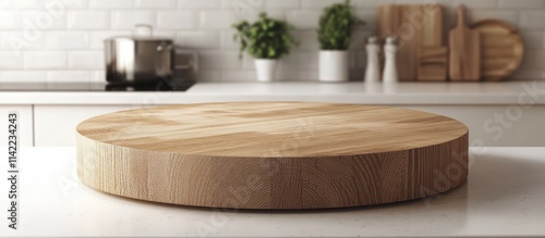 Round wooden tabletop counter with clean kitchen backdrop ideal for product displays and creative montages in a bright setting photo