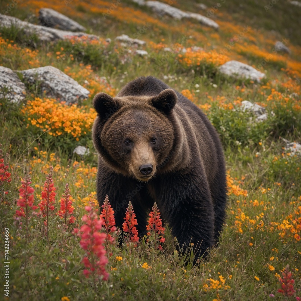 A bear cub exploring a hillside filled with blooming red and orange wildflowers. A bear cub exploring a hillside filled with blooming red and orange wildflowers.