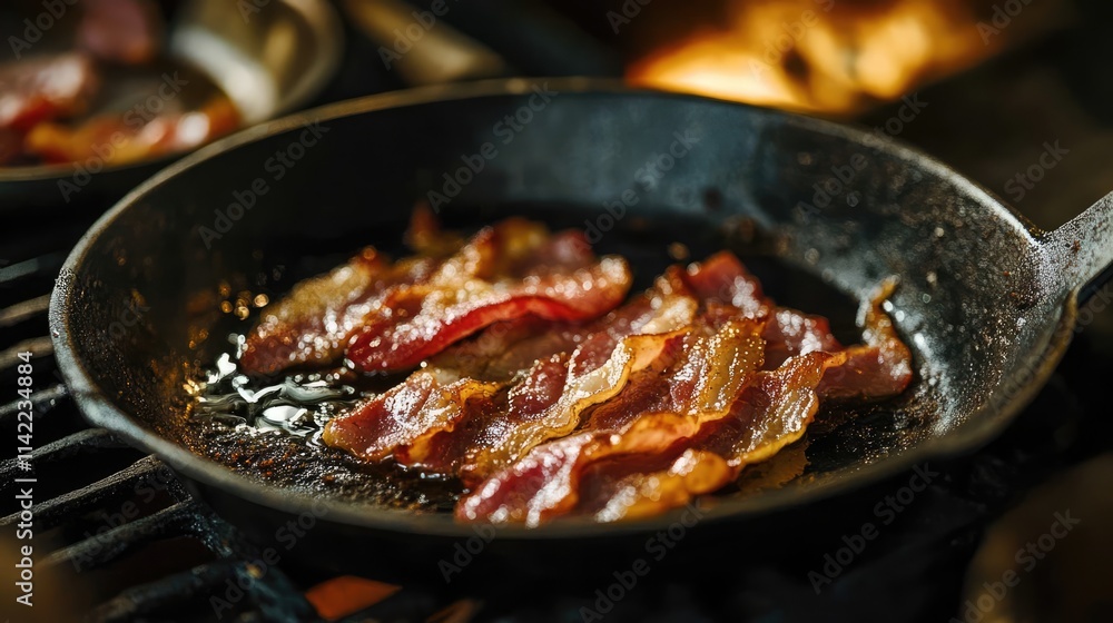 Crispy bacon frying in a skillet with rendered fat creating a tantalizing and savory cooking scene in a rustic kitchen environment Crispy bacon frying in a skillet with rendered fat creating a tantalizing and savory cooking scene in a rustic kitchen environment