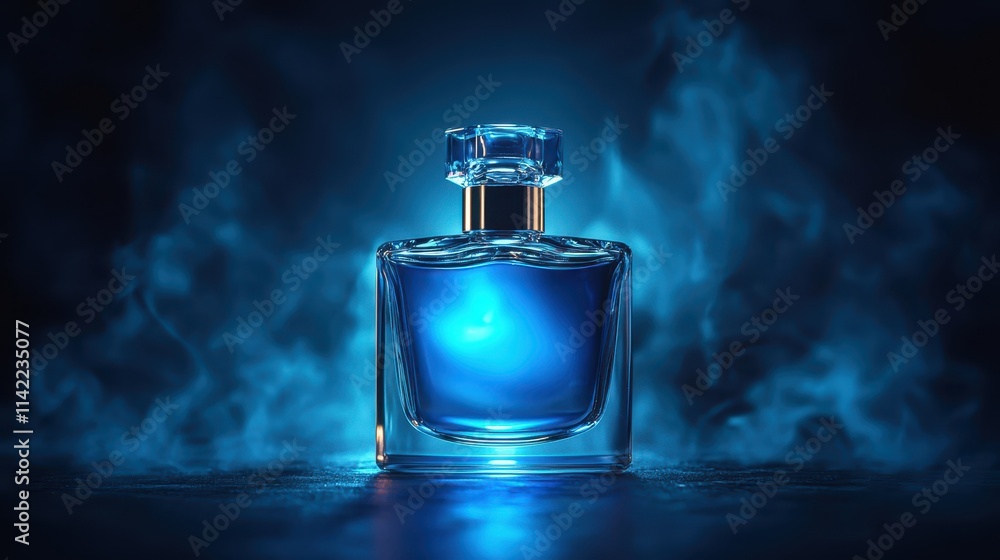 Elegant perfume bottle illuminated by vibrant blue light in a dark setting Elegant perfume bottle illuminated by vibrant blue light in a dark setting