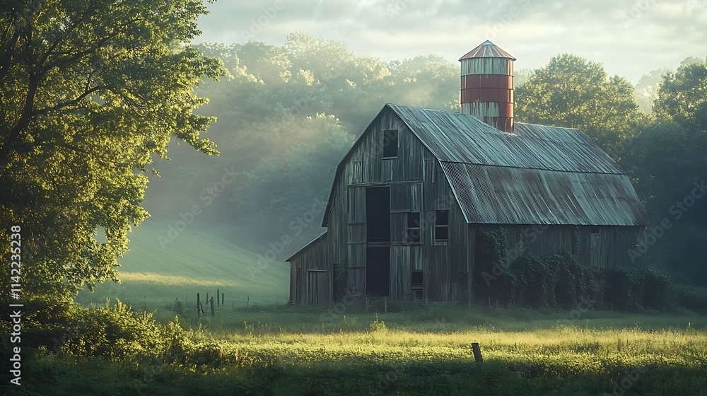 Old Barn Stands in Misty Morning Sunlight Field Old Barn Stands in Misty Morning Sunlight Field