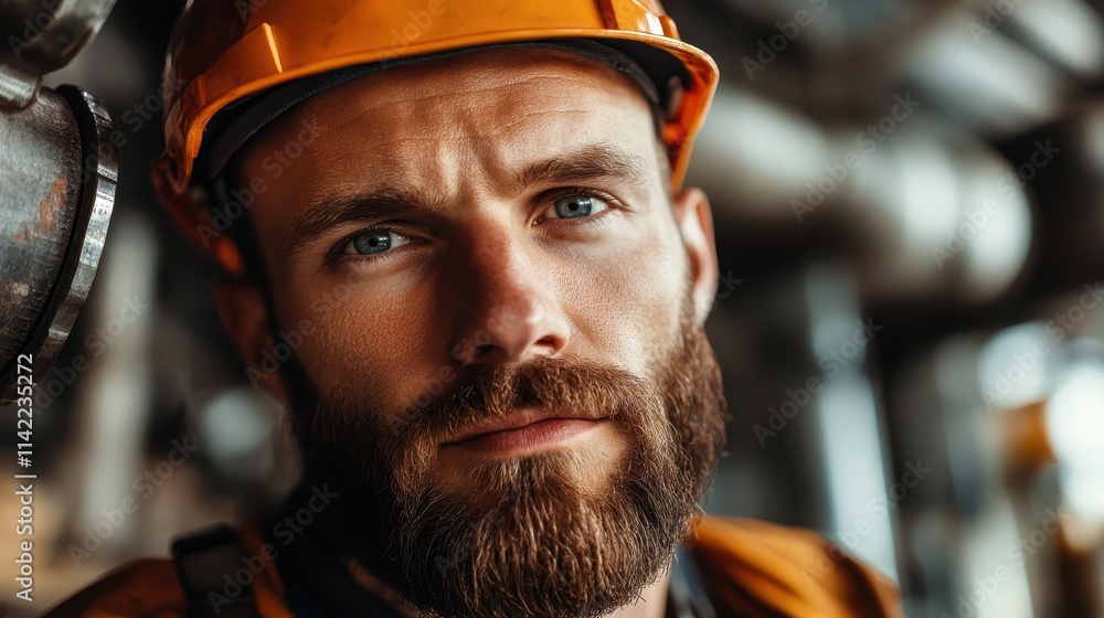 Close-up of a thoughtful worker in an orange helmet gazing contemplatively into the distance amidst an industrial backdrop, conveying focus and determination. Close-up of a thoughtful worker in an orange helmet gazing contemplatively into the distance amidst an industrial backdrop, conveying focus and determination.
