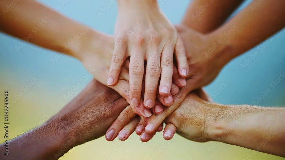 A close-up of hands of different ethnicities coming together to symbolize unity and cultural diversity.