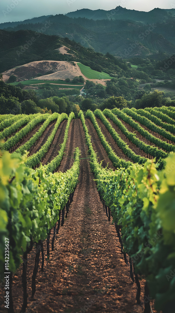 Obraz premium A scenic vineyard landscape with rows of grapevines leading to distant hills.