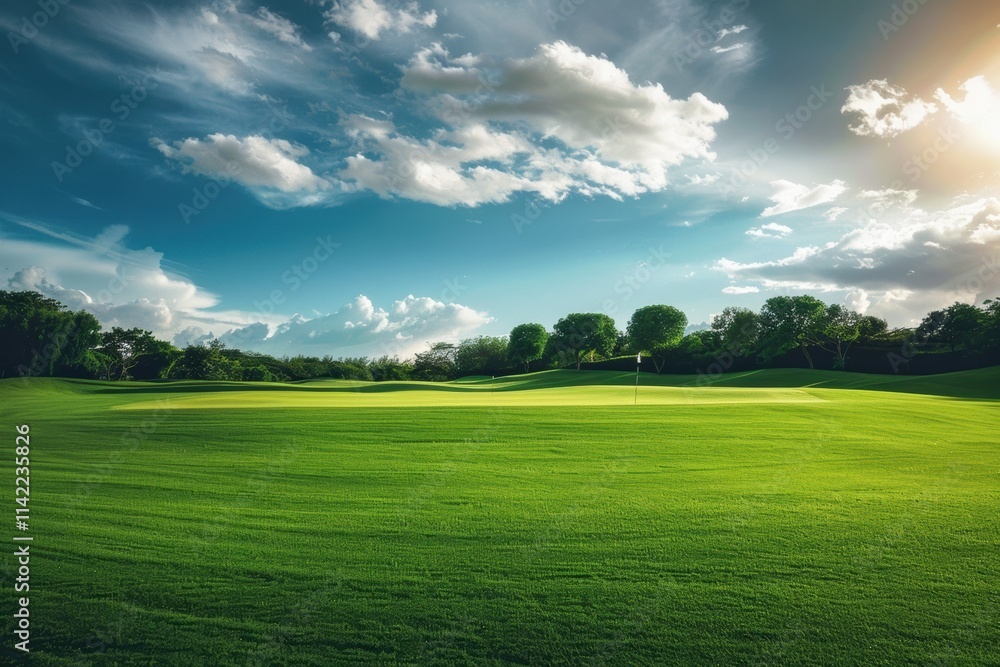 Golf course background with rich green grass and an open, sunny landscape Golf course background with rich green grass and an open, sunny landscape