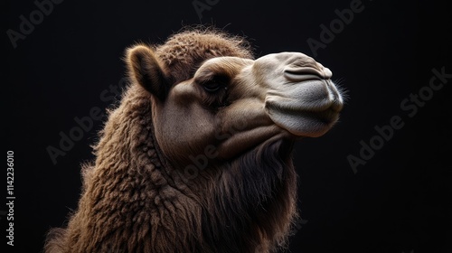 Bactrian camel profile portrait showcasing unique features against a dark background for wildlife and nature themes. photo