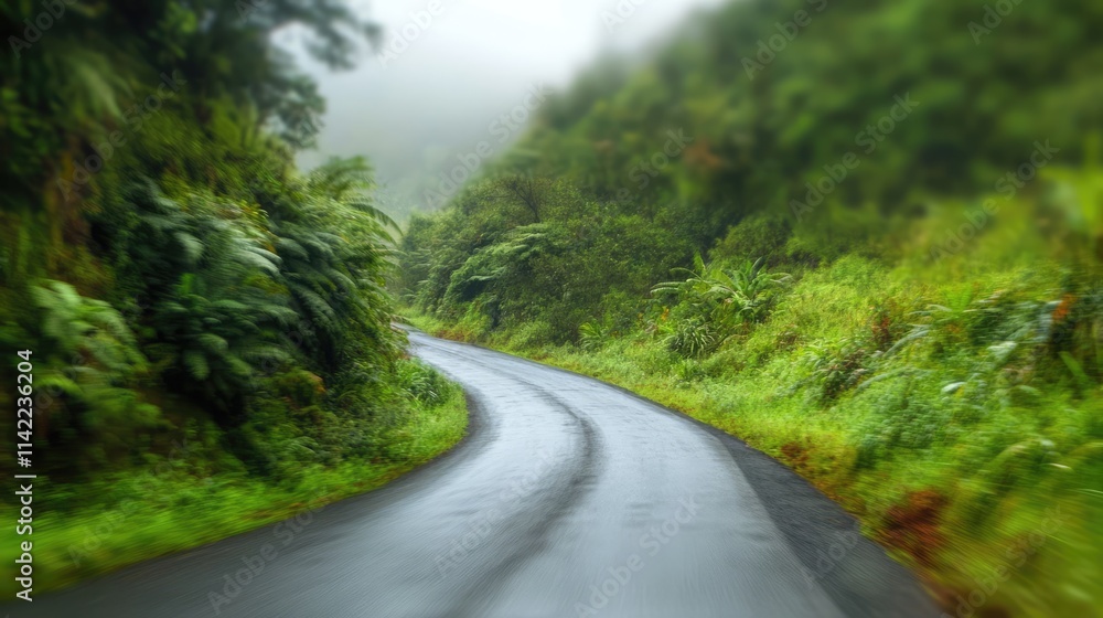 Dreamy road through lush vegetation in a foggy landscape creating a serene and tranquil atmosphere for nature-inspired backgrounds Dreamy road through lush vegetation in a foggy landscape creating a serene and tranquil atmosphere for nature-inspired backgrounds