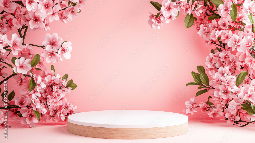 natural wood podium surrounded by pink and red floral arrangements creates vibrant and inviting atmosphere natural wood podium surrounded by pink and red floral arrangements creates vibrant and inviting atmosphere
