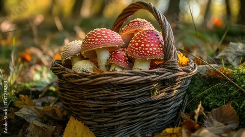 Basket filled with vibrant red mushrooms on forest floor surrounded by autumn leaves showcasing nature's beauty and foraging adventure photo