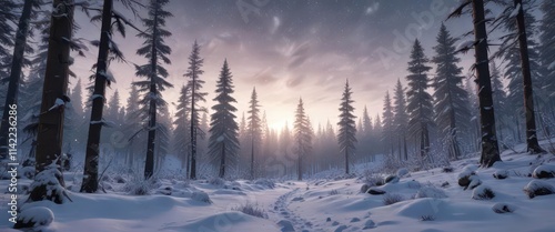 Snowy forest landscape with snow-covered trees and twinkling starlight, sparkle, snow, cold