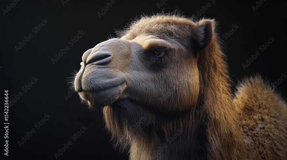 Bactrian camel portrait showcasing unique features against a dark background highlighting its distinctive double hump and expressive expression. Bactrian camel portrait showcasing unique features against a dark background highlighting its distinctive double hump and expressive expression.