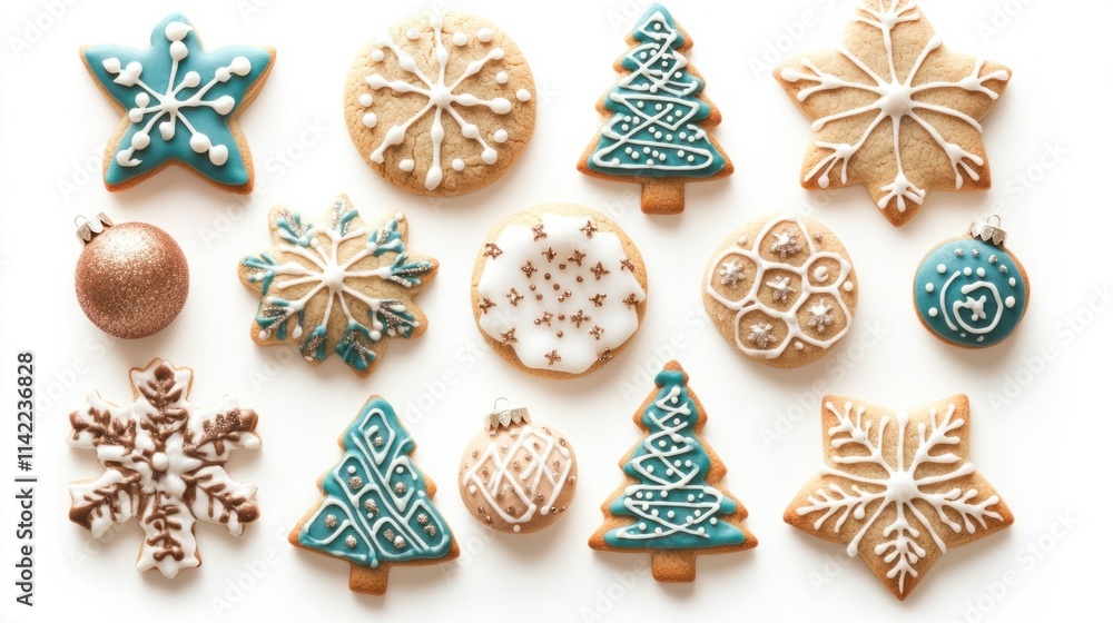 A set of intricately decorated cookies in shapes like Christmas trees, ornaments, and snowflakes, perfect for the holiday season, isolated on white A set of intricately decorated cookies in shapes like Christmas trees, ornaments, and snowflakes, perfect for the holiday season, isolated on white
