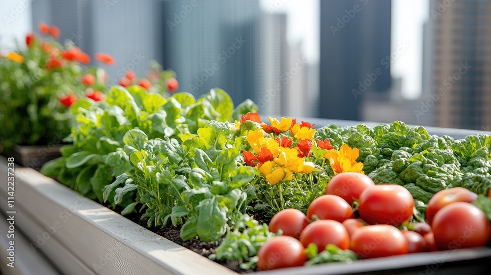 Fresh Urban Garden with Vegetables and Flowers Fresh Urban Garden with Vegetables and Flowers