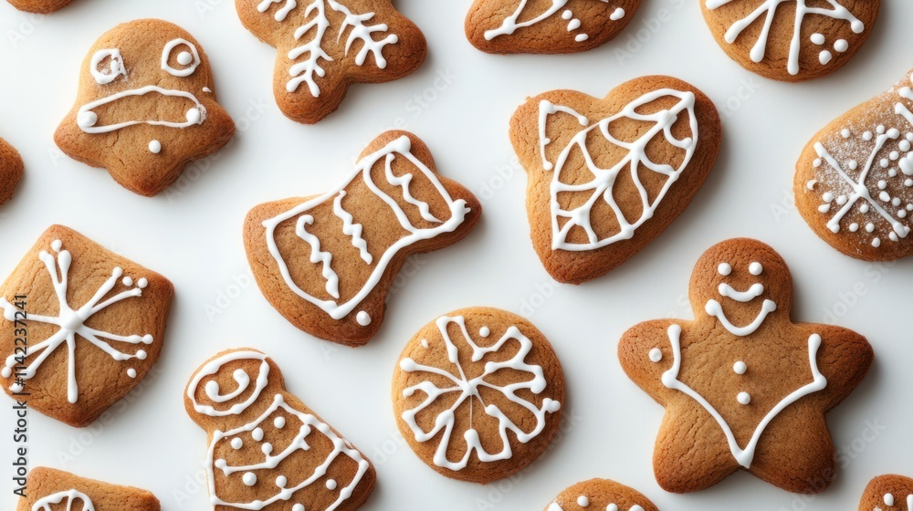 A variety of gingerbread cookies in holiday shapes with intricate icing designs and sprinkles, on a clean white background A variety of gingerbread cookies in holiday shapes with intricate icing designs and sprinkles, on a clean white background