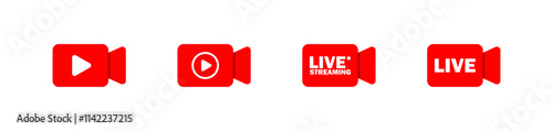 Live streaming set red camera icon. Play button icons. Vector isolated