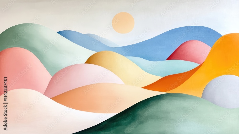 Colorful Abstract Landscape with Soft Curves and Sun Colorful Abstract Landscape with Soft Curves and Sun