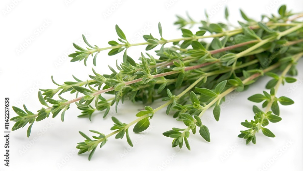 Fresh sprigs of green thyme (Thymus vulgaris) with small leaves and delicate stems on a clean white background