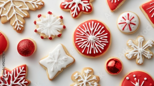 A vibrant collection of holiday cookies with intricate sugar details in festive shapes like snowflakes and ornaments, on white