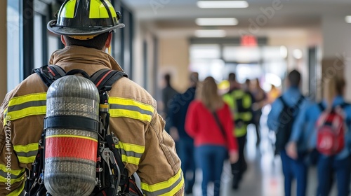 Obraz na płótnie A firefighter assisting people to evacuate a building during a fire drill, guiding them toward the exit in an orderly manner. w salonie