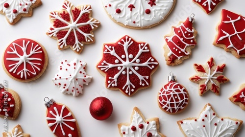 A vibrant collection of holiday cookies with intricate sugar details in festive shapes like snowflakes and ornaments, on white