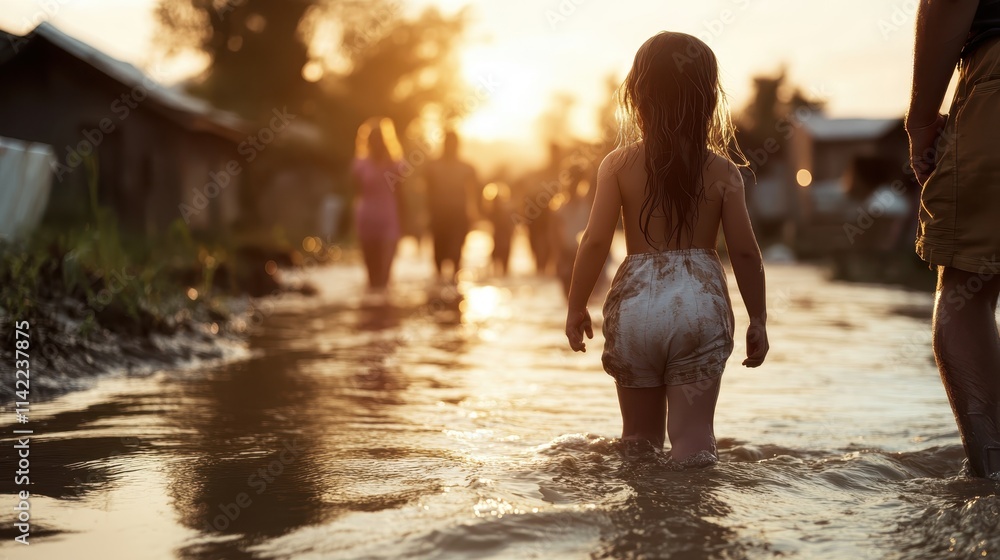 A child walks through shallow muddy waters while holding an adult’s hand, symbolizing trust, support, and curiosity in a rural neighborhood's golden light setting. A child walks through shallow muddy waters while holding an adult’s hand, symbolizing trust, support, and curiosity in a rural neighborhood's golden light setting.