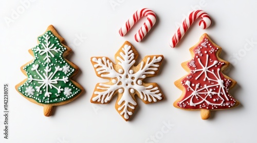 A vibrant set of holiday cookies shaped like snowflakes, candy canes, and Christmas trees, with intricate sugar decor, isolated on white