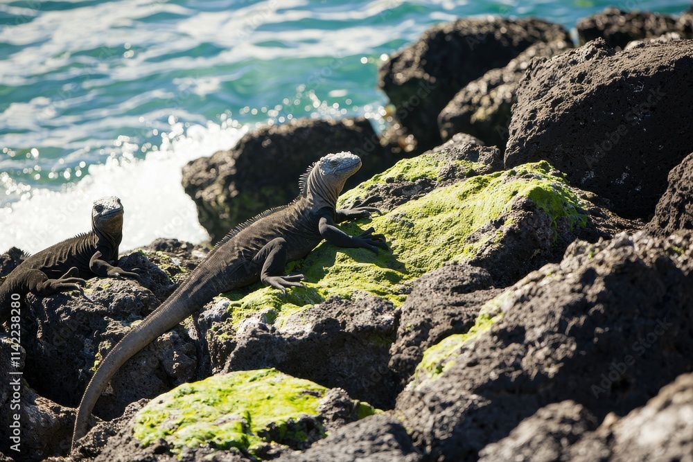 Algae-Covered Rocks: Rocks along the shoreline covered in green algae Algae-Covered Rocks: Rocks along the shoreline covered in green algae