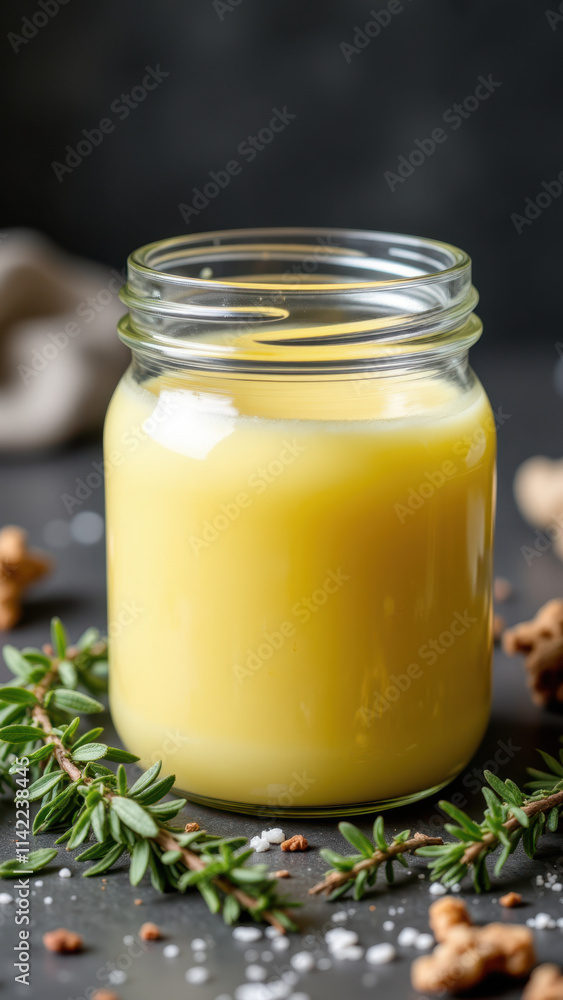 A jar filled with a creamy yellow substance on a textured surface surrounded by herbs and nuts. A jar filled with a creamy yellow substance on a textured surface surrounded by herbs and nuts.