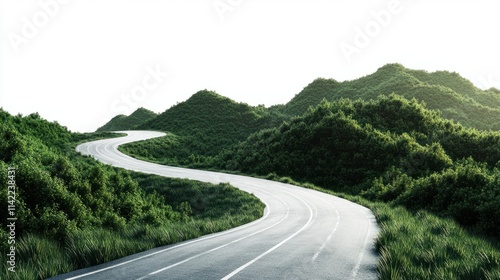 A beautiful mountain road with sharp curves and dense greenery, highlighted against a clean white background