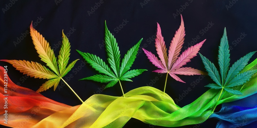 Four marijuana leaves are on a colorful ribbon Four marijuana leaves are on a colorful ribbon