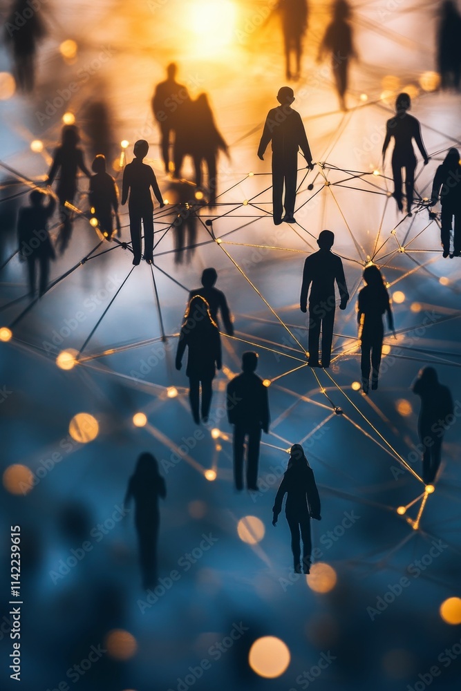 Obraz premium Silhouette figures connected, network, glowing lights.