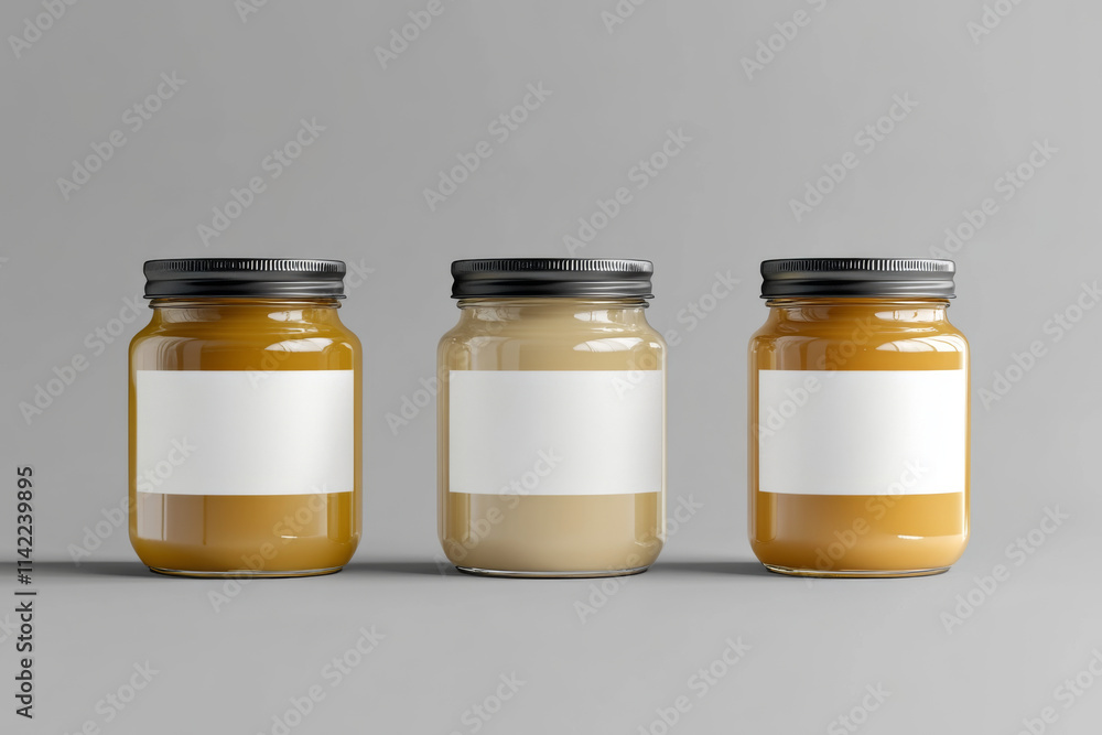 Honey jars mockup with blank label. Three different colors. grey background Honey jars mockup with blank label. Three different colors. grey background