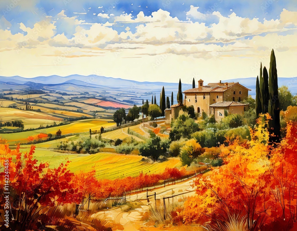 Autumnal Tuscan Landscape with House artwork watercolor design