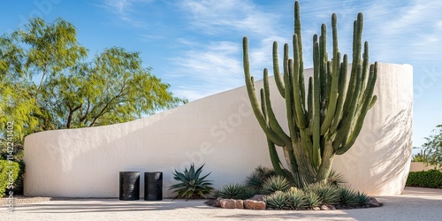 Tall Cactus Casting Shadows on Rustic Wall photo