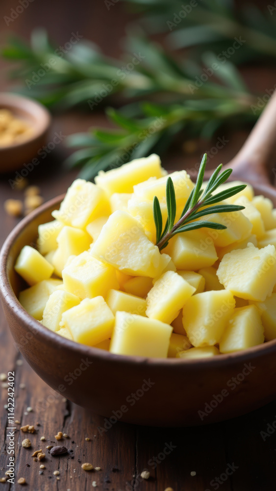 A bowl filled with chunks of yellow cheese accompanied by seasoning herbs on a wooden surface. A bowl filled with chunks of yellow cheese accompanied by seasoning herbs on a wooden surface.