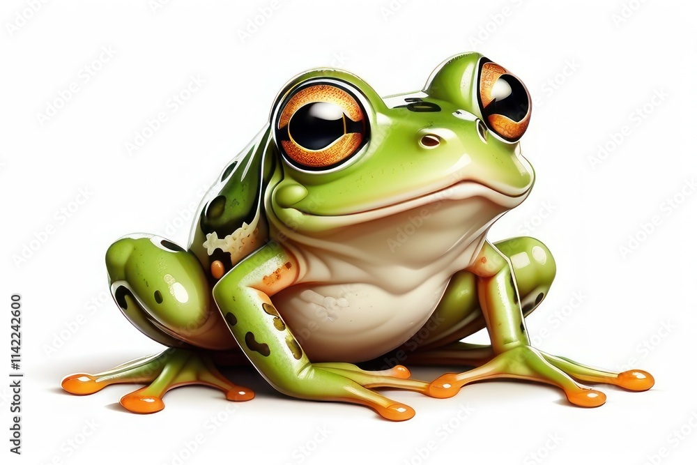 Vibrant green cartoon frog with large orange eyes and spotted skin on white background Vibrant green cartoon frog with large orange eyes and spotted skin on white background