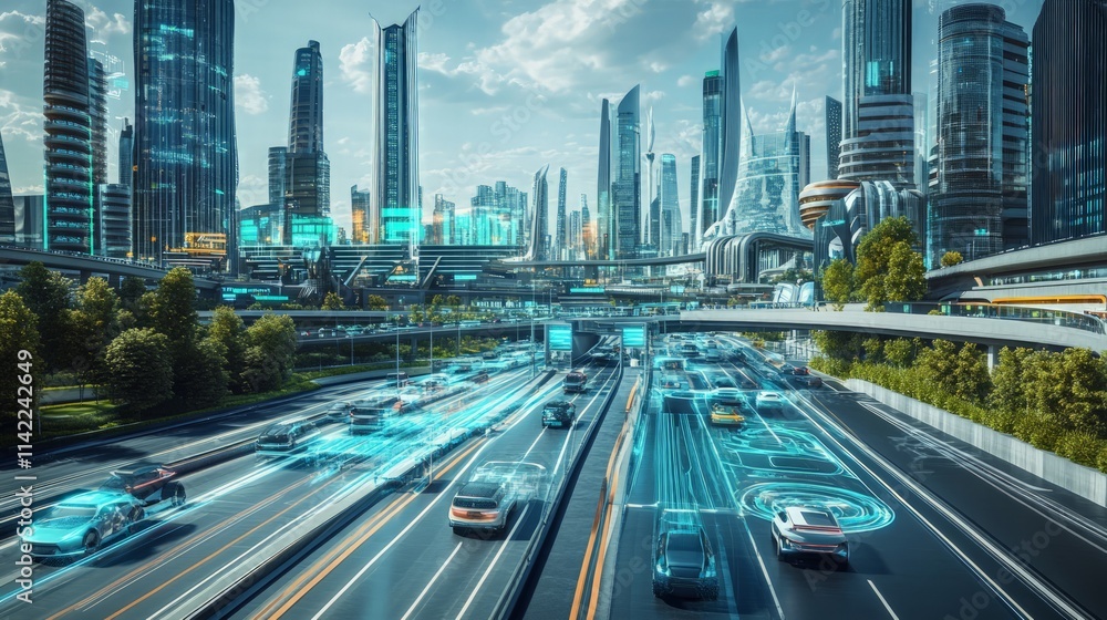 Naklejka premium Futuristic city traffic flow urban metropolis digital art high-tech environment aerial view smart transportation concepts