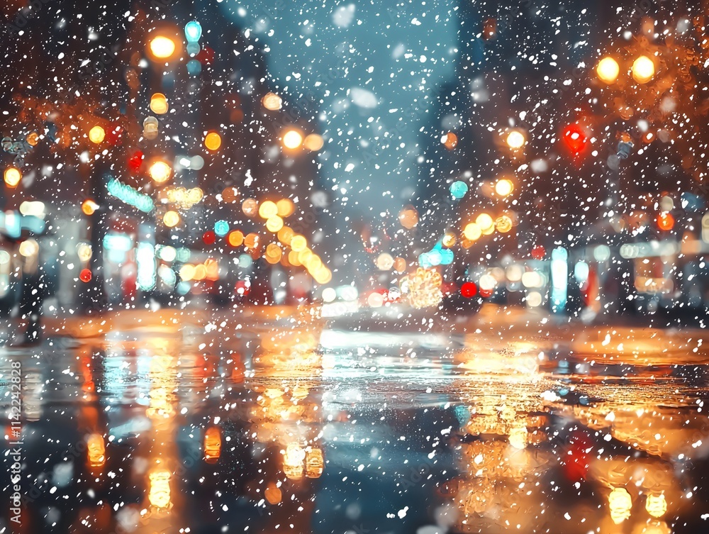 Obraz premium Winter Scene with Snowfall and Vibrant City Lights at Night