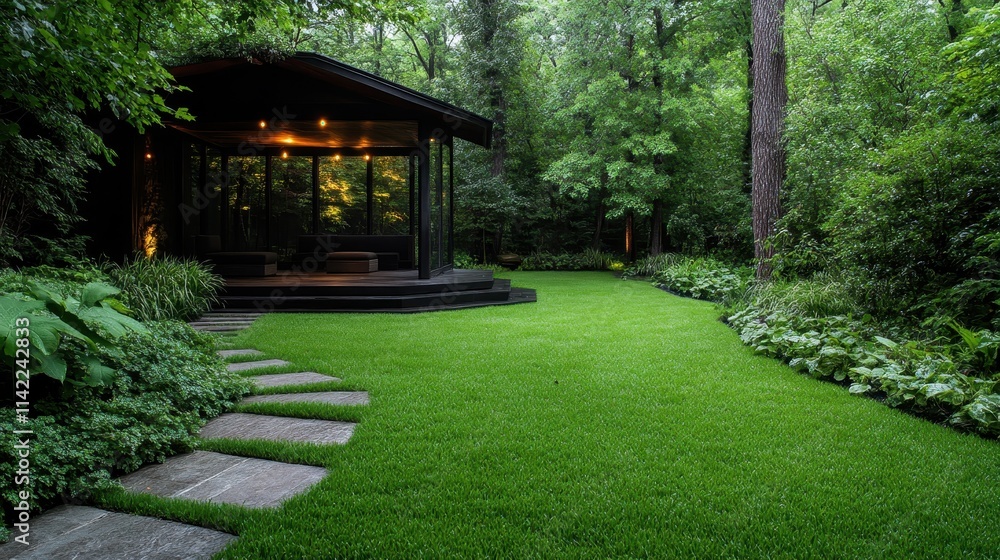This image portrays a luxurious retreat nestled in a serene forest environment, surrounded by lush, vibrant green foliage and accompanied by a neatly trimmed lawn. This image portrays a luxurious retreat nestled in a serene forest environment, surrounded by lush, vibrant green foliage and accompanied by a neatly trimmed lawn.