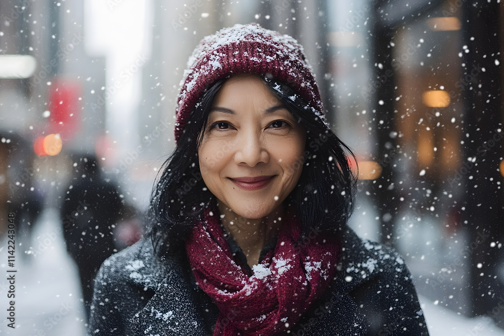 Happy asian woman wearing a wool hat and scarf smiling under snowflakes in the city. Happy asian woman wearing a wool hat and scarf smiling under snowflakes in the city.