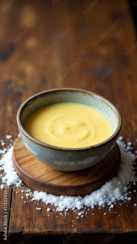 A close-up photo of a bowl filled with yellowish creamy substance that appears to be beef tallow on a wooden table. A close-up photo of a bowl filled with yellowish creamy substance that appears to be beef tallow on a wooden table.
