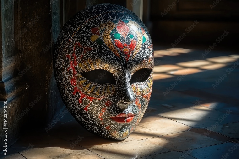 Venetian Mask on Stone Floor Dramatic Light Venetian Mask on Stone Floor Dramatic Light