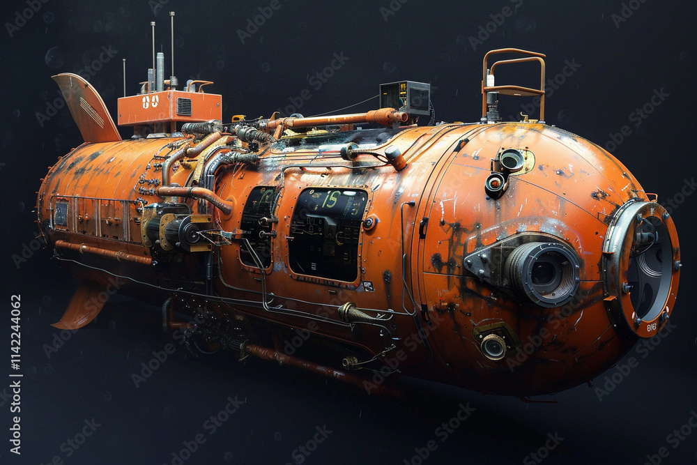 Beautiful large bathyscaphe floating in middle of ocean during exploration Beautiful large bathyscaphe floating in middle of ocean during exploration
