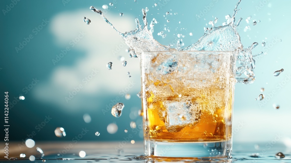 Golden liquid energetically splashes over ice cubes in a glass, showcasing the refreshing and lively essence of a cold drink in dynamic motion on a sunny day. Golden liquid energetically splashes over ice cubes in a glass, showcasing the refreshing and lively essence of a cold drink in dynamic motion on a sunny day.