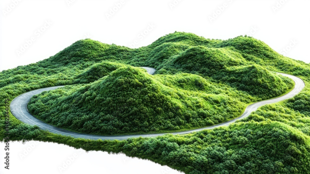 A winding mountain road surrounded by lush greenery, curving gracefully, isolated on a clean white background A winding mountain road surrounded by lush greenery, curving gracefully, isolated on a clean white background