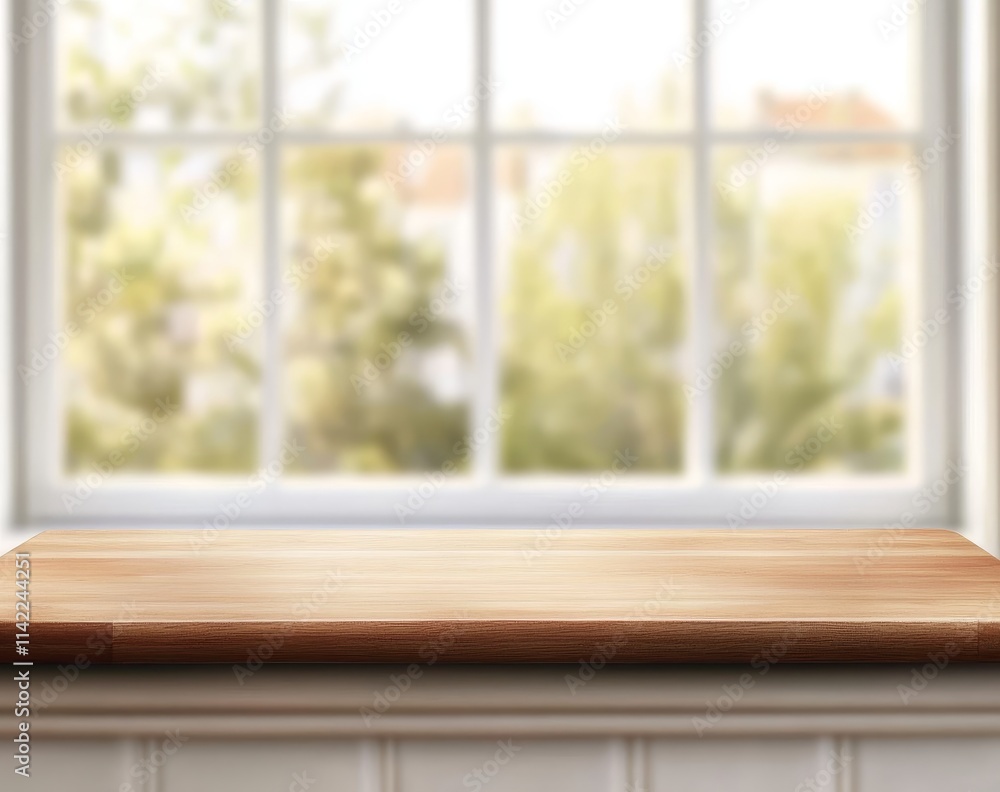 Wooden surface on windowsill, blurred garden view.