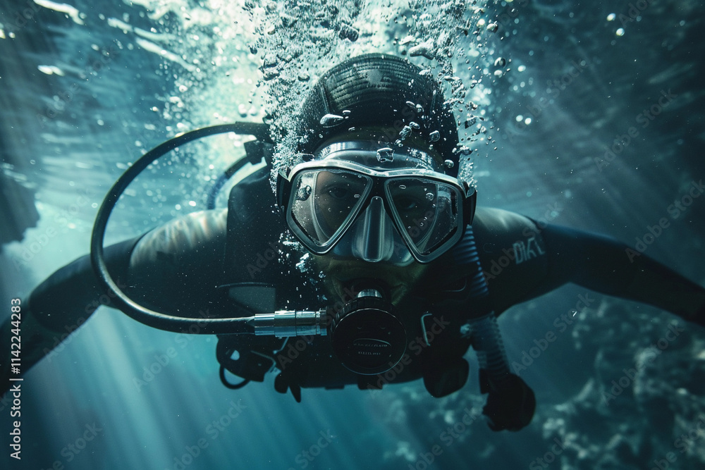 Beautiful diver goes on an underwater adventure in frighteningly deep sea Beautiful diver goes on an underwater adventure in frighteningly deep sea
