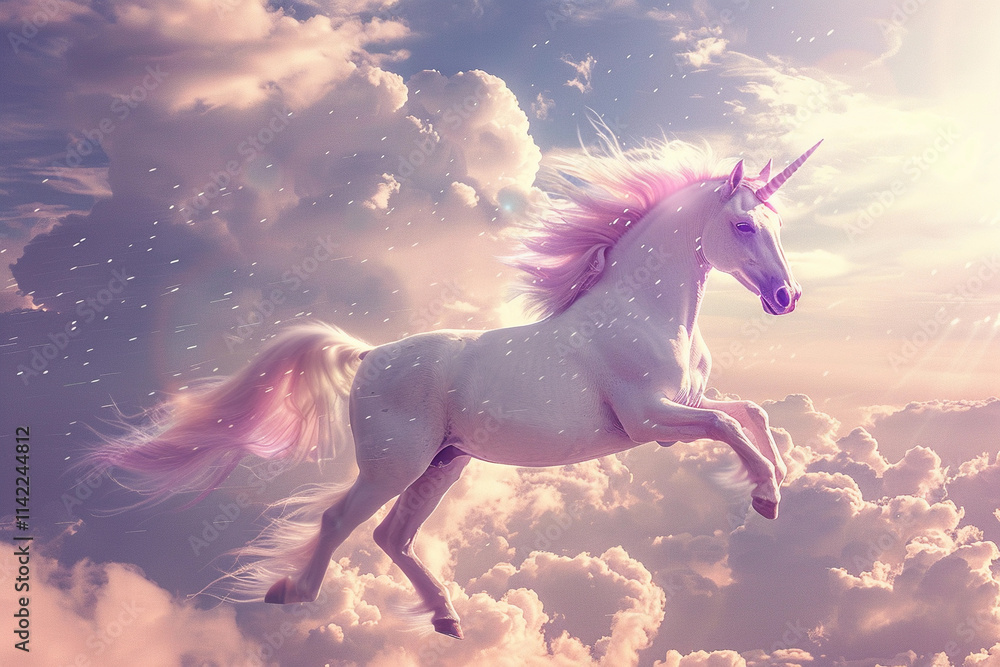 Fototapeta premium Fantastically mythological pink unicorn with big long horn